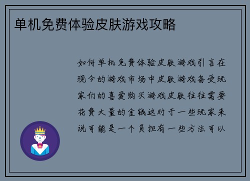 单机免费体验皮肤游戏攻略